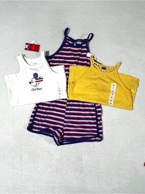 Old Navy NWT Summer Bundle Striped Romper, Disney Patriotic Tank, Yellow Tank XL